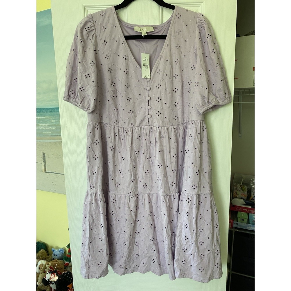 NWT LOFT Lavender Eyelet Puff Sleeve Button Tiered Swing Dress Size Medium